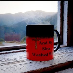 Color changing mug reveals message of Jesus. His love ran red,my sins wash white